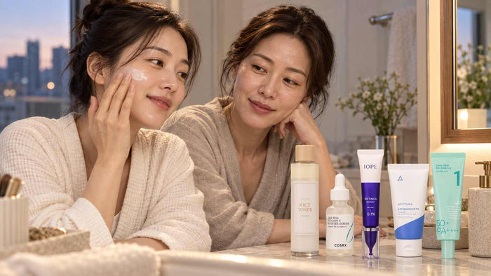 Two adult South Korean women with retinol, exfoliating serum, rice toner, barrier cream and sunscreen for a weekly Korean skincare routine